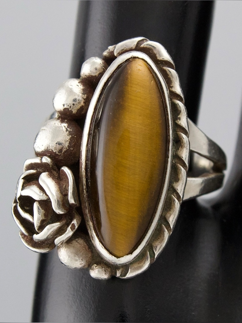 Vintage Southwestern Tiger Eye Sterling Silver Ring with Rose Motif Size 8